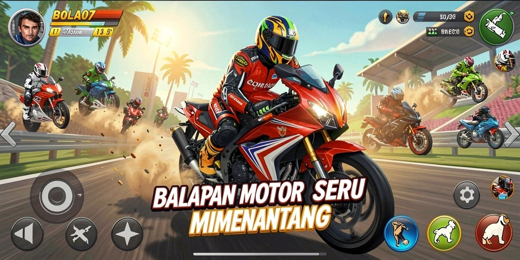 Gameplay mendebarkan BOLA07 dengan balapan motor yang seru.