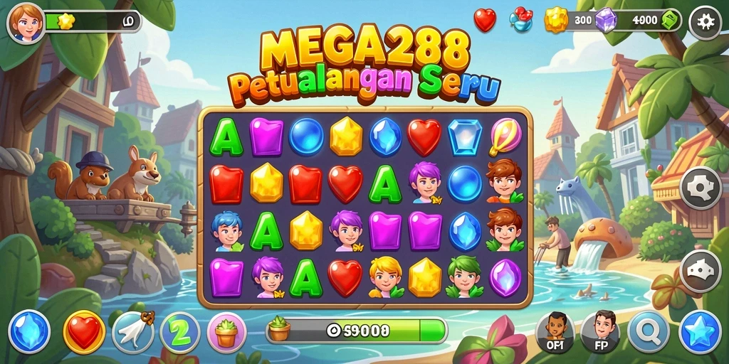 Tampilan gameplay MEGA288 yang ceria dan menantang.
