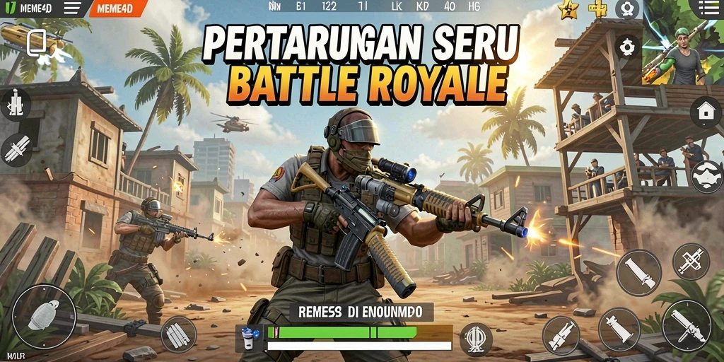 Screenshot MEME4D menampilkan aksi seru dalam pertarungan Battle Royale.