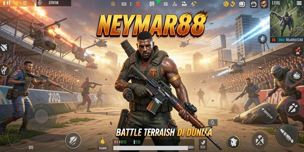 Tangkapan layar utama dari gameplay <strong>NEYMAR88</strong> yang menampilkan aksi battle royale yang seru.